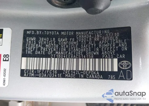 2010 Toyota Corolla Le z USA, uszkodzony, nr VIN 2T1BU4EE6AC514158